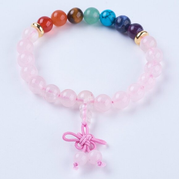 Natural Gemstone and Rose Quartz Stretch Mala Bead Bracelets - Picture 1 of 2